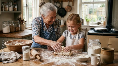 A smiling grandmother and young granddaughter knead dough together in a flour-dusted rustic kitchen, ideal for family baking, heritage recipes, or home cooking promotions.