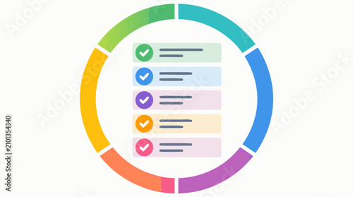 Vibrant checklist completion infographic with segmented circular progress ring surrounding stacked ticked task cards, ideal for productivity, quality control and project status tracking