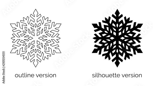 Fényképezés Snowflake Designs: Two distinct snowflake graphics, one an intricate outline and the other a solid silhouette, showcasing the unique crystalline structure in black and white