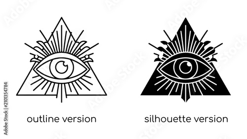 Konstfotografi Symbol of Insight: Two stylized representations of the all-seeing eye within a triangle, one as a clean outline and the other as a bold silhouette, symbolizing perception, knowledge, and awareness