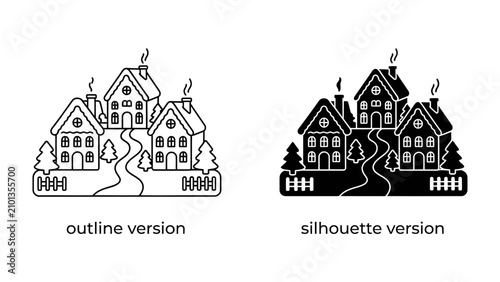 Photos Village Houses: A quaint village cluster featuring houses with smoking chimneys, fences, and evergreen trees, presented in both outline and silhouette versions for versatile design use