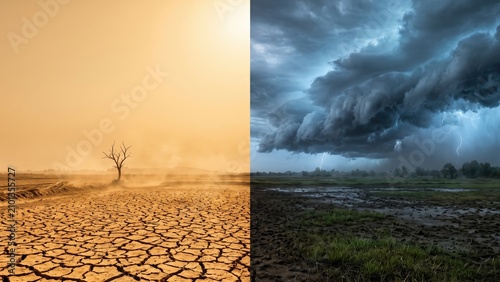 Drought and Storm Landscape — Climate Change Contrast Concept