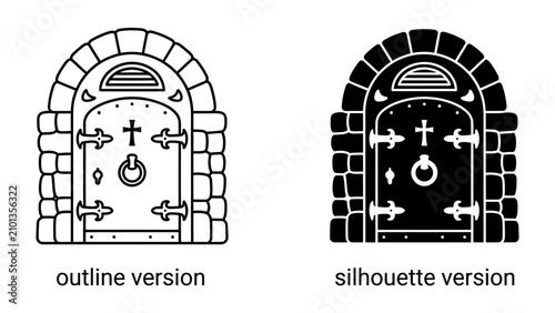 Medieval Castle Door: An ornate medieval castle door, depicted in both outline and silhouette versions, features a cross emblem, iron hinges, and a prominent ring knocker, set within a stone archway.