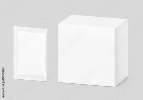 Three side seal sachet bag with paperboard box mockup for medical or cosmetic product presentation. 3D hight realistic vector illustration isolated on grey background. Scalable. EPS10.