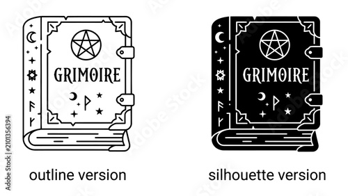 Canvas Print Grimoire Outline and Silhouette: A mystical grimoire, also known as a spellbook, is presented in two styles: a detailed outline and a bold silhouette, both adorned with arcane symbols