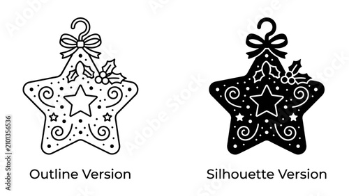 Konstfotografi Festive Star Ornament Designs: Two charming star-shaped Christmas ornament designs, one outlined and the other a silhouette, adorned with holly and festive swirls, ready to bring holiday cheer