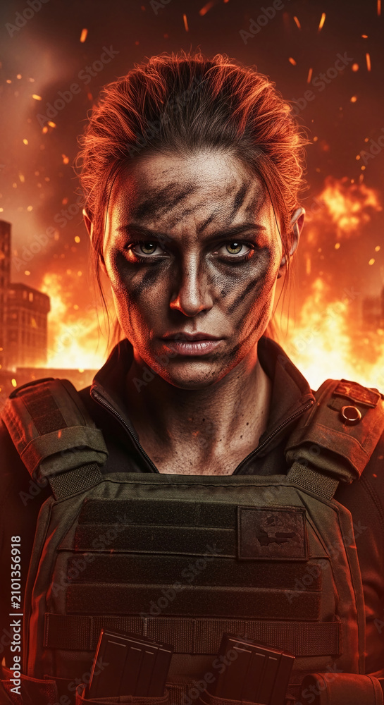 Fototapeta premium Intense portrait of a woman in combat gear with face paint against a fiery urban background, symbolizing resilience and determination in conflict.