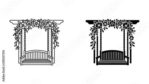 Fotografía Garden Swing Set: A charming garden swing set adorned with climbing flowers and vines, offering a peaceful spot for relaxation and enjoying the outdoors