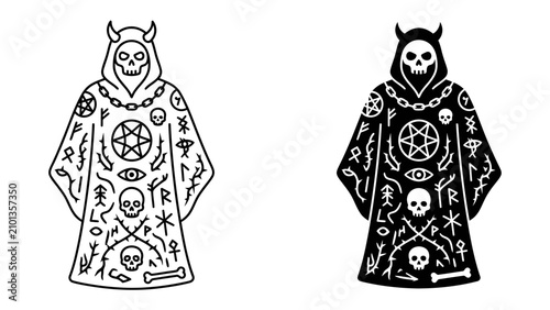 Canvastavla Occult Robe Symbolism: A stylized depiction of an occult robe adorned with mystical symbols, including a skull, pentagram, and various sigils, representing arcane knowledge and esoteric practices