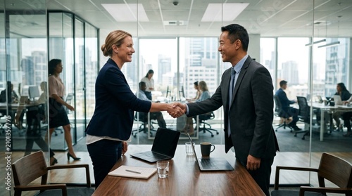 Two smiling business professionals shake hands across a conference table in a modern glass office, ideal for themes of partnership, hiring, negotiation, and corporate success.