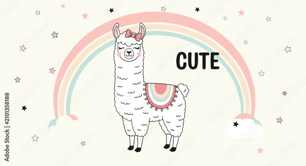 Obraz premium Adorable illustration of a smiling llama standing under a large pastel rainbow with stars and the word cute on a light background.