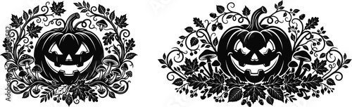 Vintage halloween jack o' lanterns with foliage and mushrooms vector illustration