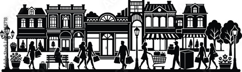 Black and white illustration of people shopping on a city street