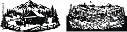 Winter landscape with cabin and sleigh black and white woodcut style