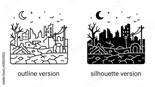 Quadro su tela Ruined Cityscape: A stark depiction of a desolate city, reduced to rubble and debris under a crescent moon and scattering birds, illustrating a scene of devastation and abandonment