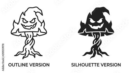 Quadro su tela Spooky Mushroom Icons: Two contrasting icons, one an outline and the other a silhouette, depict a whimsical yet sinister mushroom character with a twisted stem and a ghoulish face
