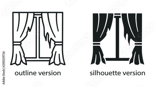 Canvastavla Window with Curtains: Two icons representing a window with draped curtains, one as an outline and the other as a silhouette, offering a simple graphic element