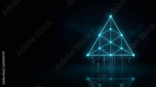Abstract glowing triangular geometric lattice with interconnected nodes, dark backdrop, studio lighting, futuristic mood. Ideal for tech or design concepts.