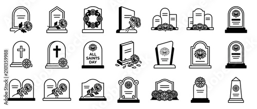 Foto Tombstone Icon Set: Gravestones, Memorials, Remembrance, Funeral, Cemetery