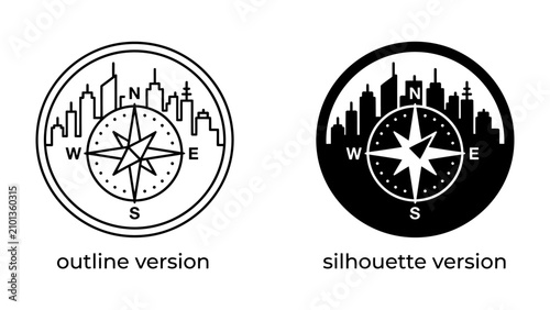Compass with Cityscape Icons: A graphic representation featuring a compass rose overlaid with a cityscape, presented in both outline and silhouette versions.