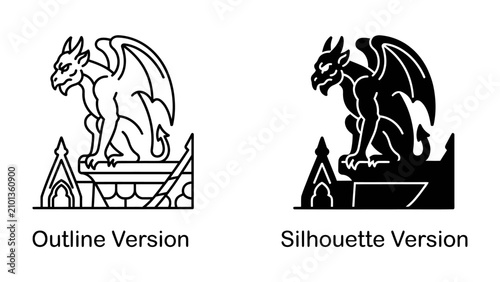 Cuadro en lienzo Gargoyle Design Set: A versatile graphic resource featuring a classic gargoyle in both outline and silhouette versions, perfect for adding a touch of gothic or architectural flair