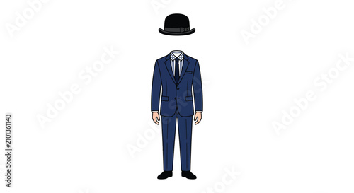 Fotografie Faceless man in suit and bowler hat flat vector illustration