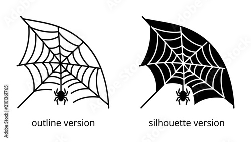 Foto Spooky Spiderweb Duo: Two distinct spiderweb designs, one an intricate outline and the other a bold silhouette, both featuring a small spider, evoking a sense of Halloween or mysterious ambiance