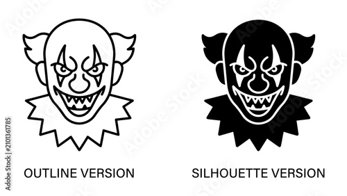 Fotografie Scary Clown Faces: Two distinct illustrations of a menacing clown's face, one an outline and the other a silhouette, both conveying a sense of dread and playful terror