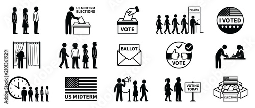US Midterm Election Icons: Voting, Ballot Box, Polling Station, Queue, I Voted Sticker