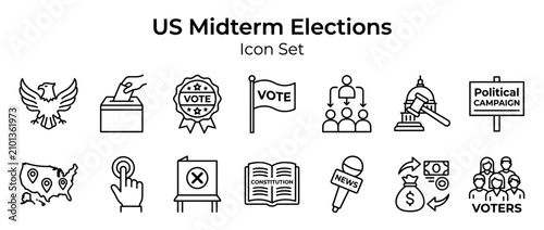 US Midterm Elections Icon Set: Voting, Government, Campaigning, News, Finance