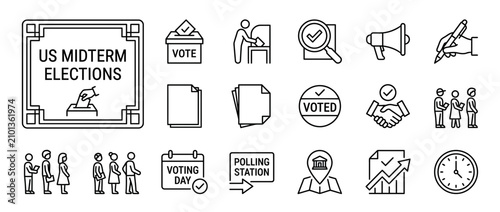 US Midterm Elections Icon Set: Voting, Polling Station, Ballot Box, Megaphone, Calendar
