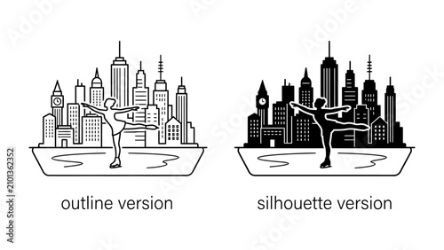 Bilde på lerret Skater's Silhouette: A solitary figure skater performs an elegant pose against a backdrop of a stylized cityscape, presented in both outline and silhouette versions