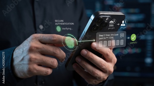 Secure mobile authentication process showing fingerprint scan and two factor code entry on smartphone for safe financial transaction and banking