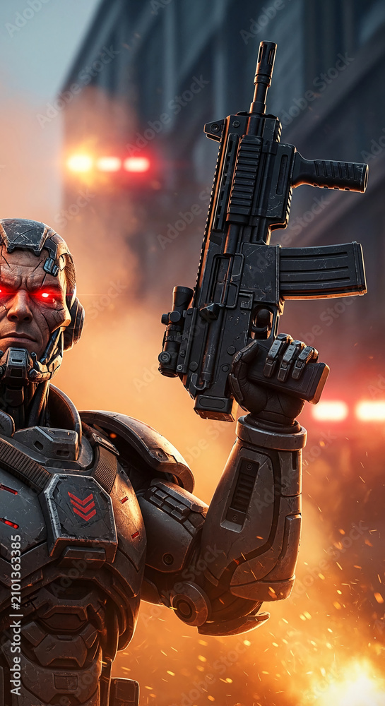Fototapeta premium Close-up of a futuristic soldier with glowing red eyes holding a rifle, signifying power, vigilance, and future combat.