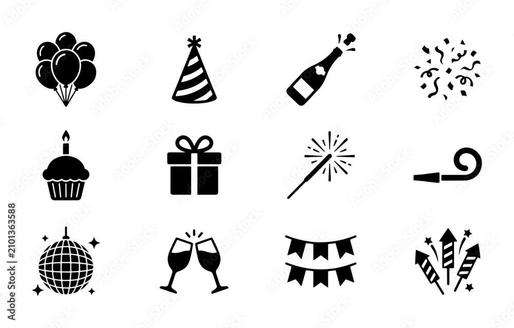 Fototapeta premium Celebration Icons Set: Party Balloons, Gift Box, Champagne Bottle, Confetti, Cupcake, Sparkler, Disco Ball, Bunting, Fireworks, Party Hat, Noise Maker, Toasting Glasses Vector Graphics