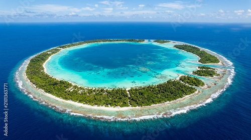 Aerial view of a tropical coral atoll with turquoise lagoon, white sand beaches, and dense palms, suited for luxury travel and island getaway promotions.