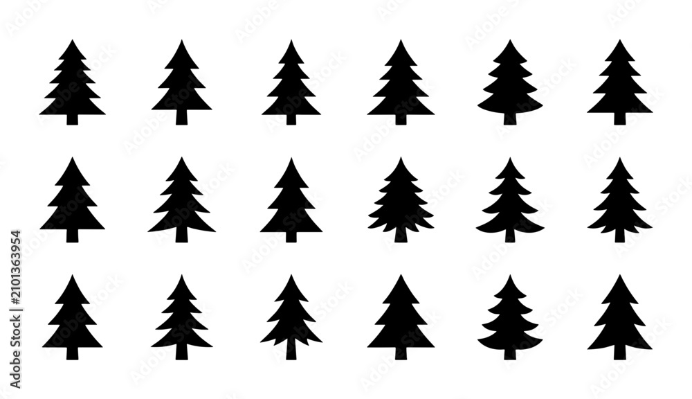 Fototapeta premium Set of 15 Black Silhouette Christmas Tree Icons, Vector Graphics for Winter Holidays and Nature Designs, Evergreen Pine Forest Elements