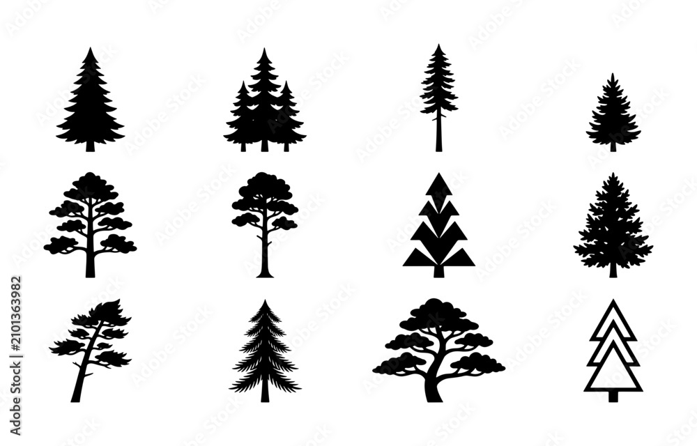 Obraz premium Diverse Evergreen Tree Silhouettes Collection, Pine and Fir Vector Icons, Nature Forest Elements for Design Projects