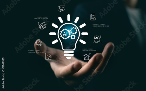 Title: Businessman hand presenting glowing light bulb with AI and gears icons, concept of artificial intelligence innovation, creative technology, and business strategy.