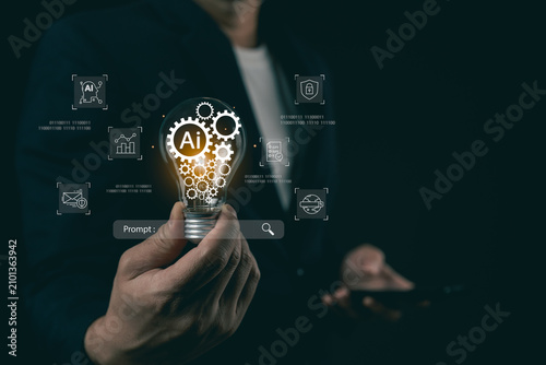 Businessman holding glowing light bulb with AI and gears icon inside, concept of artificial intelligence creative technology idea and innovation.
