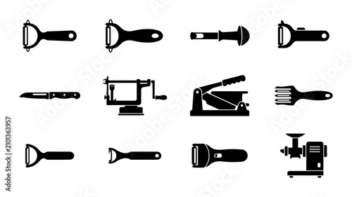 Cuadro en lienzo Kitchen Gadget Icons Set: Peeler, Slicer, Grater, and Utensil Vector Graphics fo