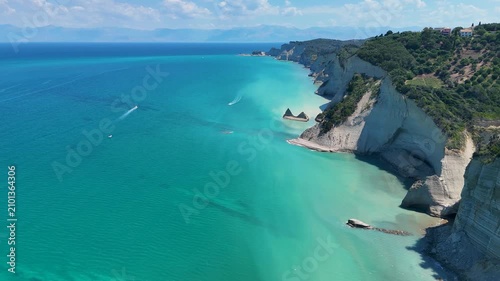 Aerial view of Loggas beach coastline in Corfu, Greece