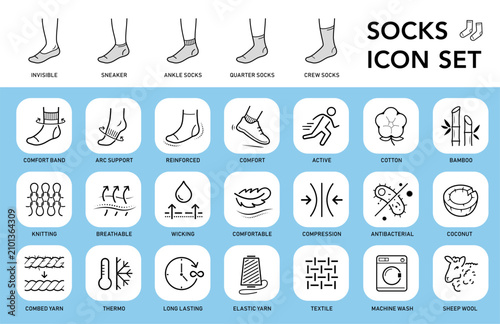 Socks icon set showing different lengths of socks and specific features. The outline vector icons are well scalable and editable for packaging label design. Great for infographic. EPS10.