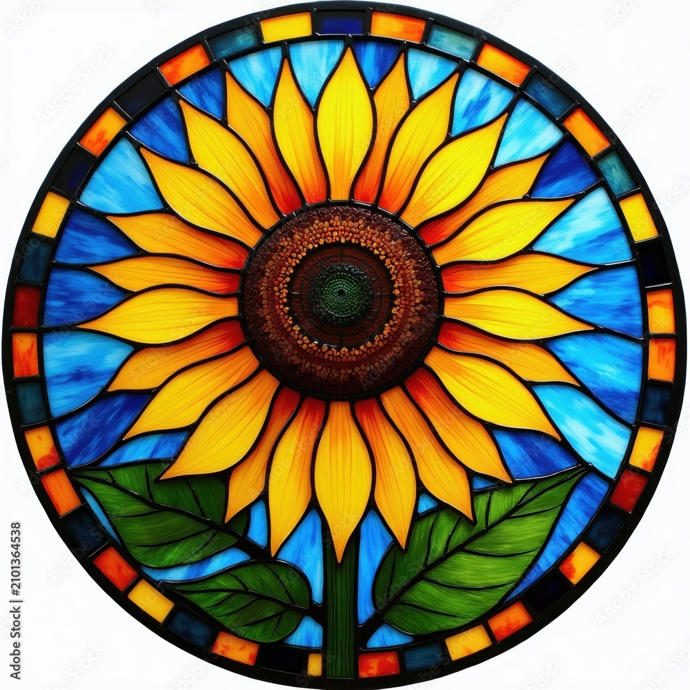 Obraz premium Round stained glass medallion features bright sunflower art piece. Vibrant yellow petals with green leaves against blue background create circular mosaic design. Decorative window panel displays