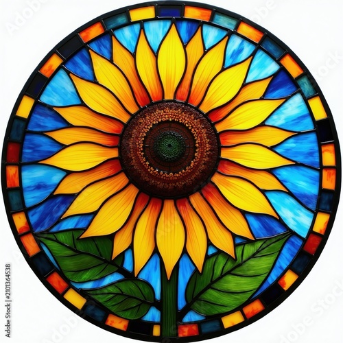 Round stained glass medallion features bright sunflower art piece. Vibrant yellow petals with green leaves against blue background create circular mosaic design. Decorative window panel displays