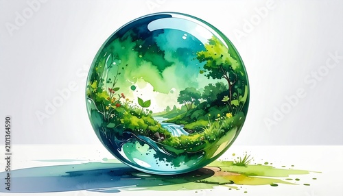 Green liquid in transparent glass sphere symbolizing biotechnology, sustainability and scientific innovation