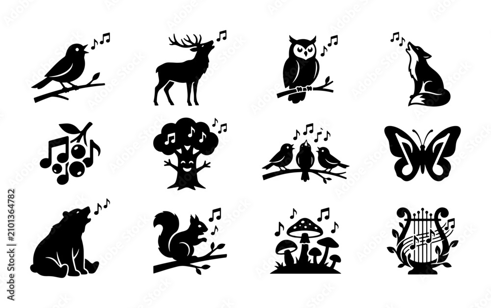 Fototapeta premium Nature's Symphony: 12 Black Silhouette Icons of Singing Animals, Musical Trees, and Forest Elements, Vector Set for Creative Projects
