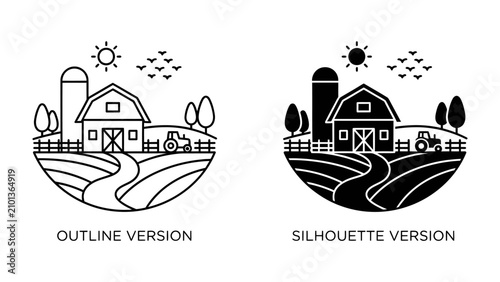 Fotografie Farmstead Iconography: Two stylized representations of a farm, one in outline and the other as a silhouette, depict a barn, silo, tractor, fields, and a fence, embodying rural life and agriculture
