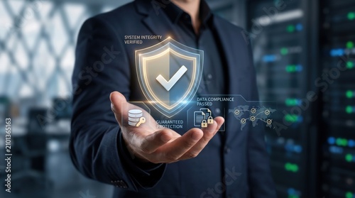Cybersecurity concept with hand holding shield icon, system integrity verified, data compliance passed, guaranteed protection, server room background