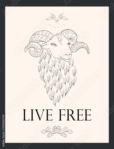 Ram Head Boho Poster Live Free Hand Drawn Line Art With Floral Decor On Cream Background